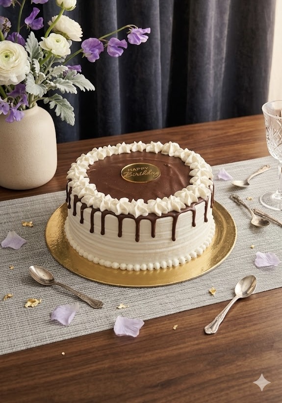 Rich chocolate cream cake with decadent chocolate layers and toppings